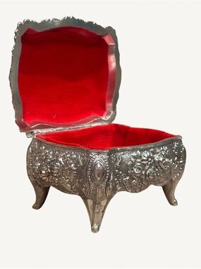 Vintage Silver Jewelry Casket Rococo Revival Repousse Roses Red Velvet Interior